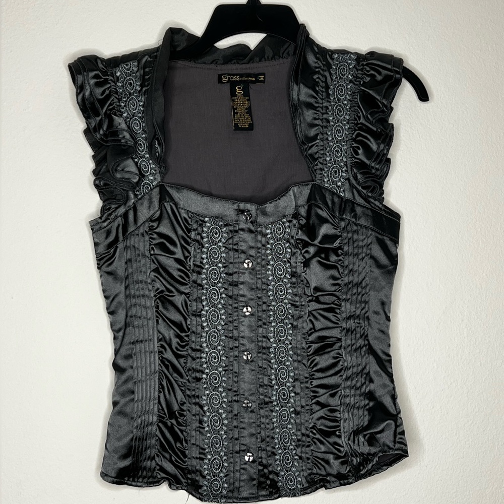 Grass Collection- Ruched Silk-like button up shirt with lace accents
